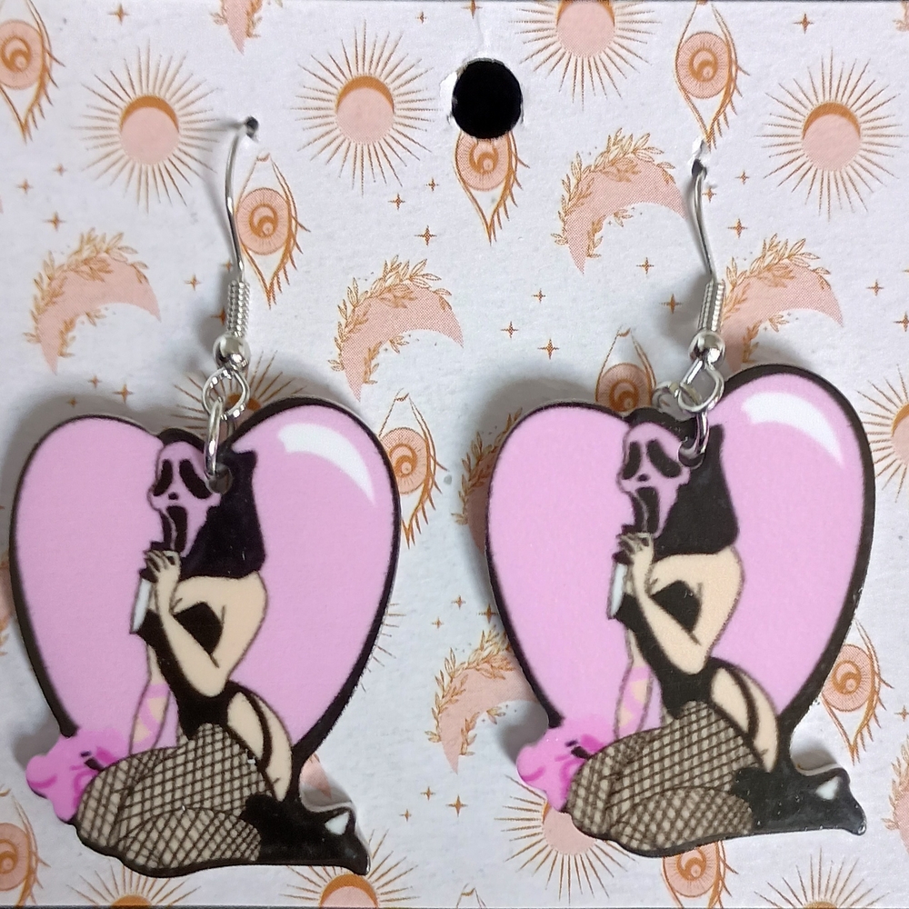 Pink Heart Skull Earrings